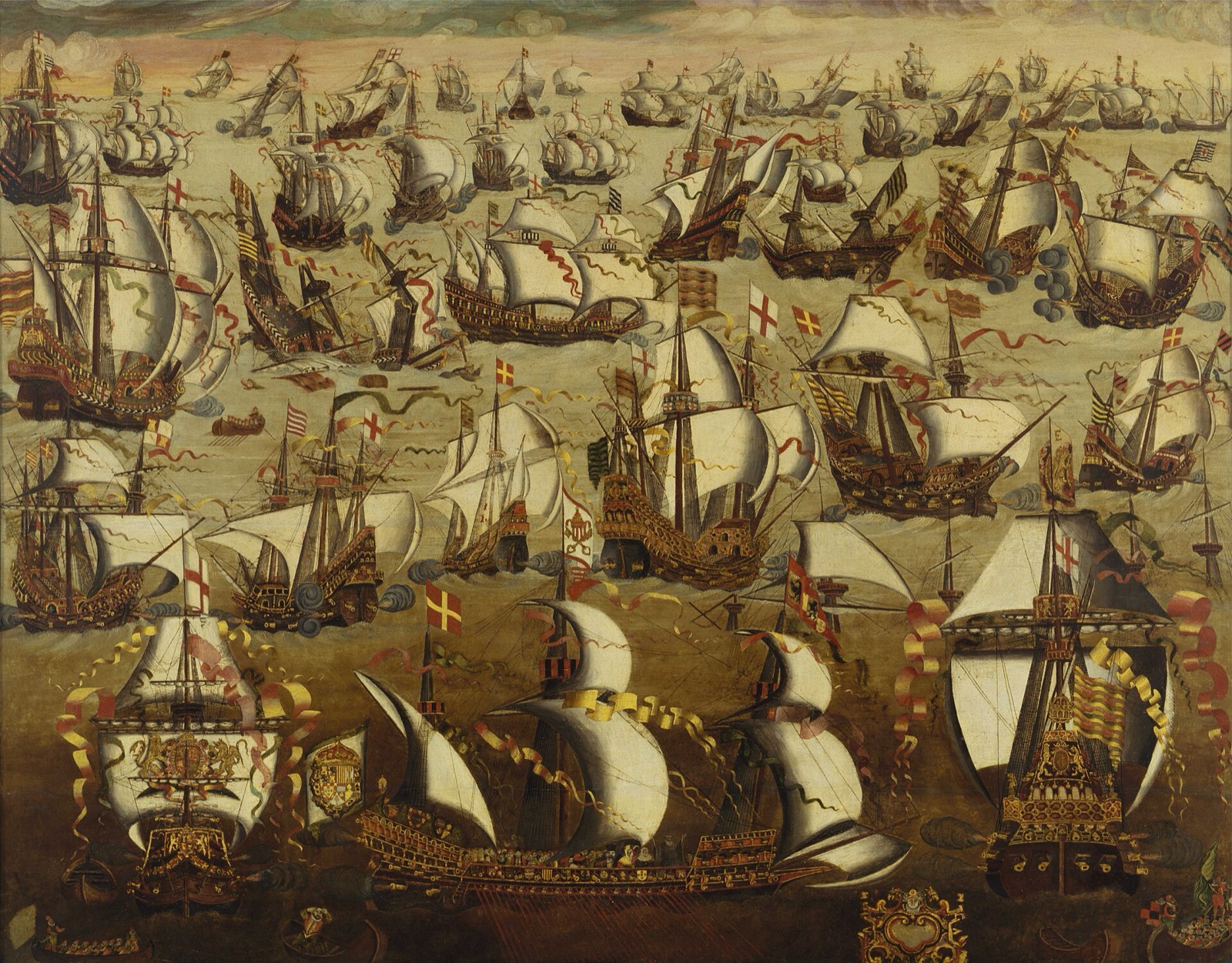 English ships engaging the Spanish Armada in 1588, a sixteenth-century painting tinted in brick red