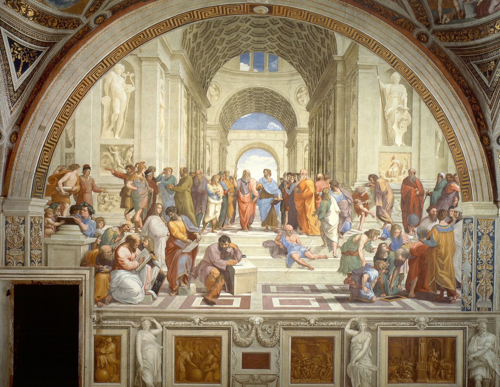 The School of Athens by Raphael, philosophers gathered under a vaulted arch, tinted in brick red