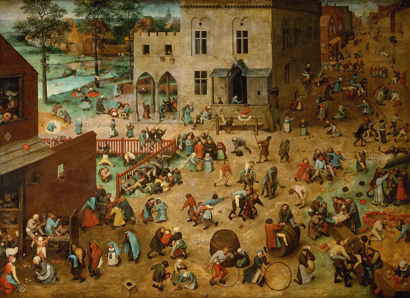 Children's Games by Pieter Bruegel the Elder, a town square full of children at play, tinted in brick red